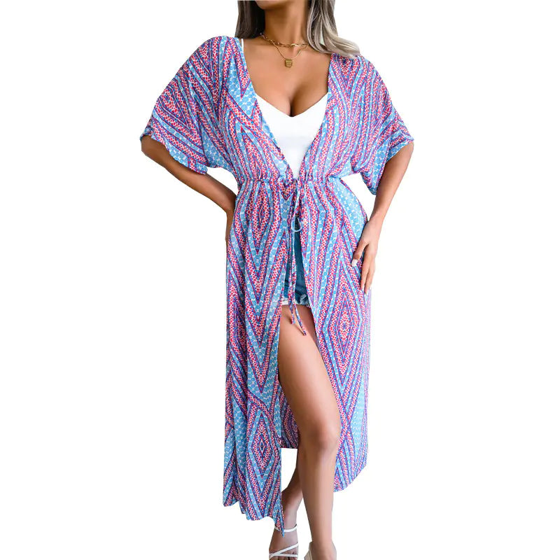 Women's Casual Printed Chiffon Cardigan with Lace-up