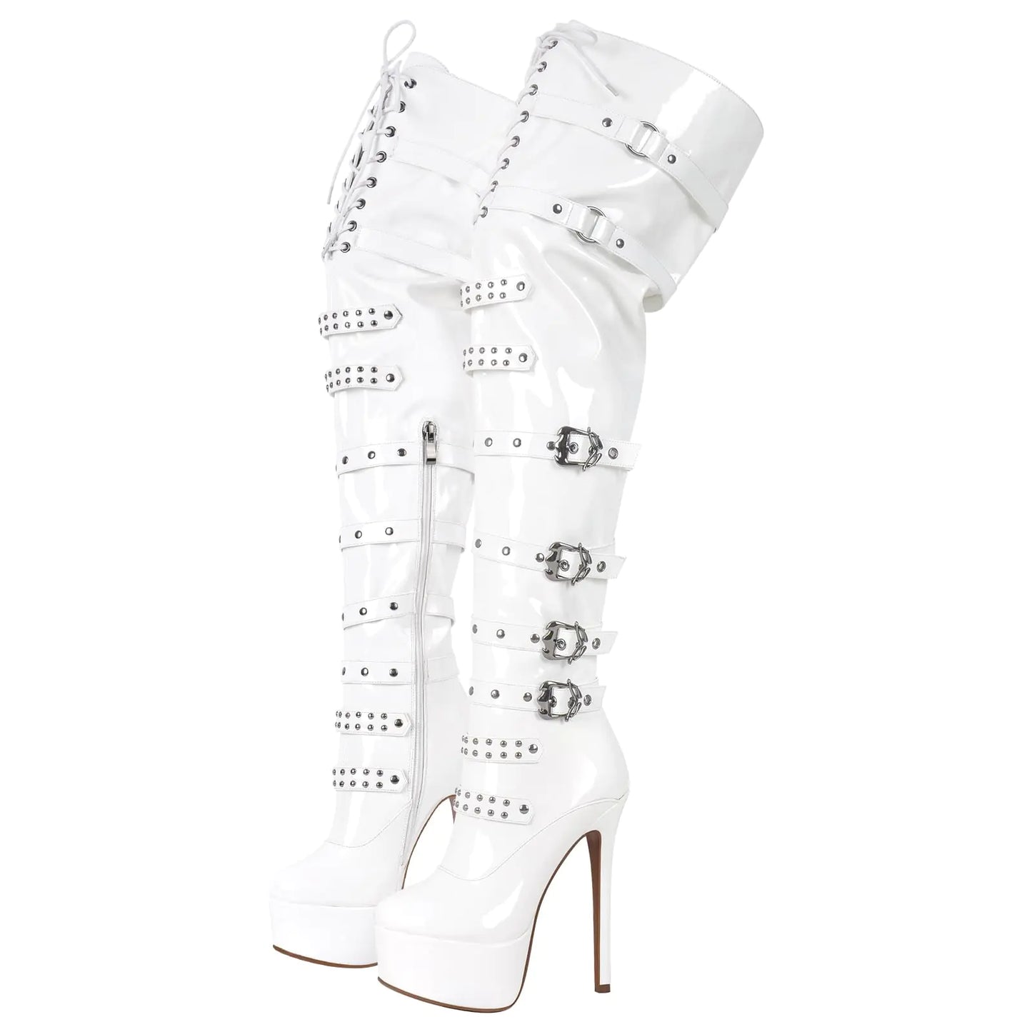 richealnini Womens Platform Heel Thigh High Boots Zip Up Over the Knee High Boots Front Lace Up Stiletto Heel Buckles Chains Rivets Ornamented Punk Motorcycle Club Outside Combat Boots White Size 7