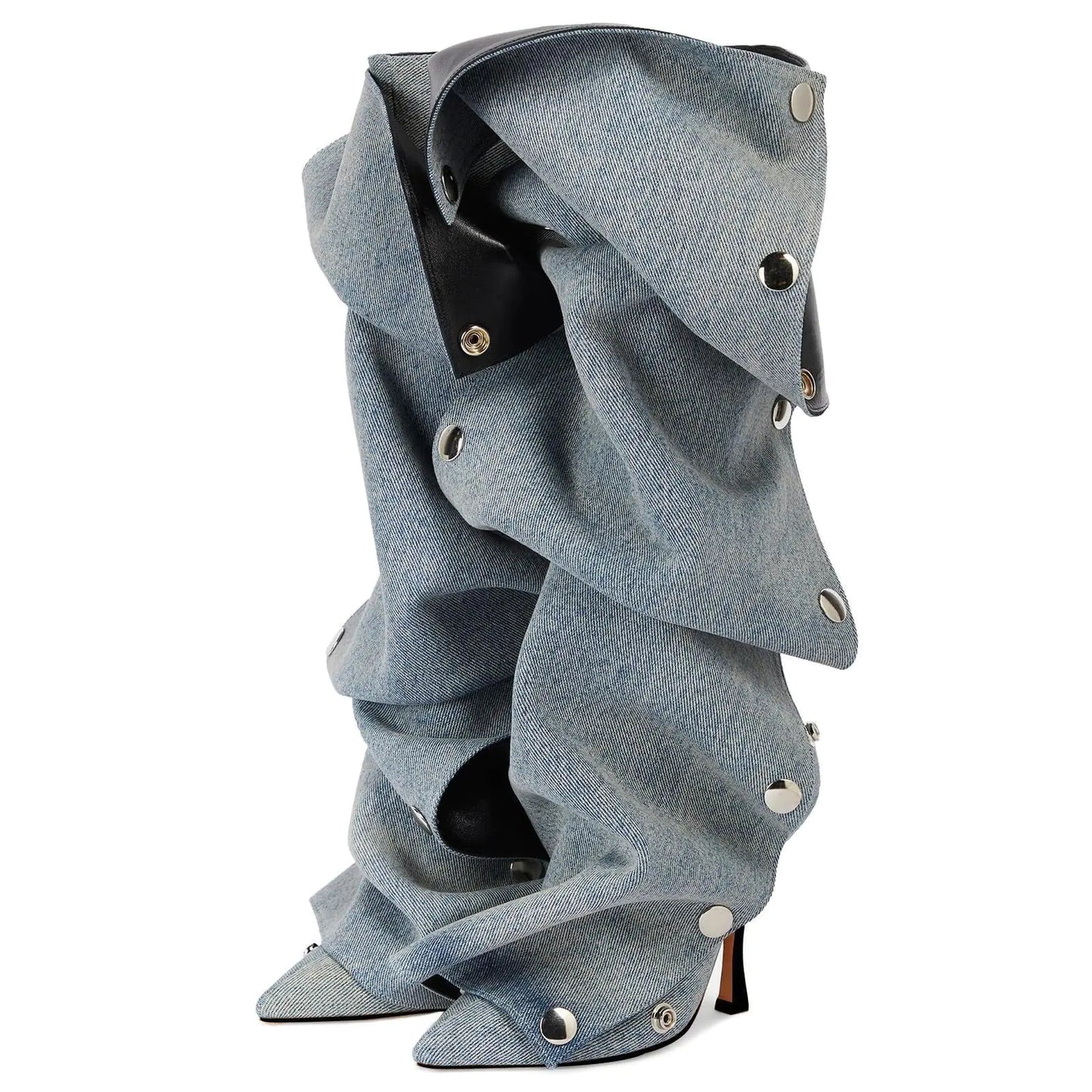 KaroNairy Women Stiletto Knee High Boots Slouch Pointed Toe High Heel Boot Detachable Snap-off Panel Shark Boots Blue 7