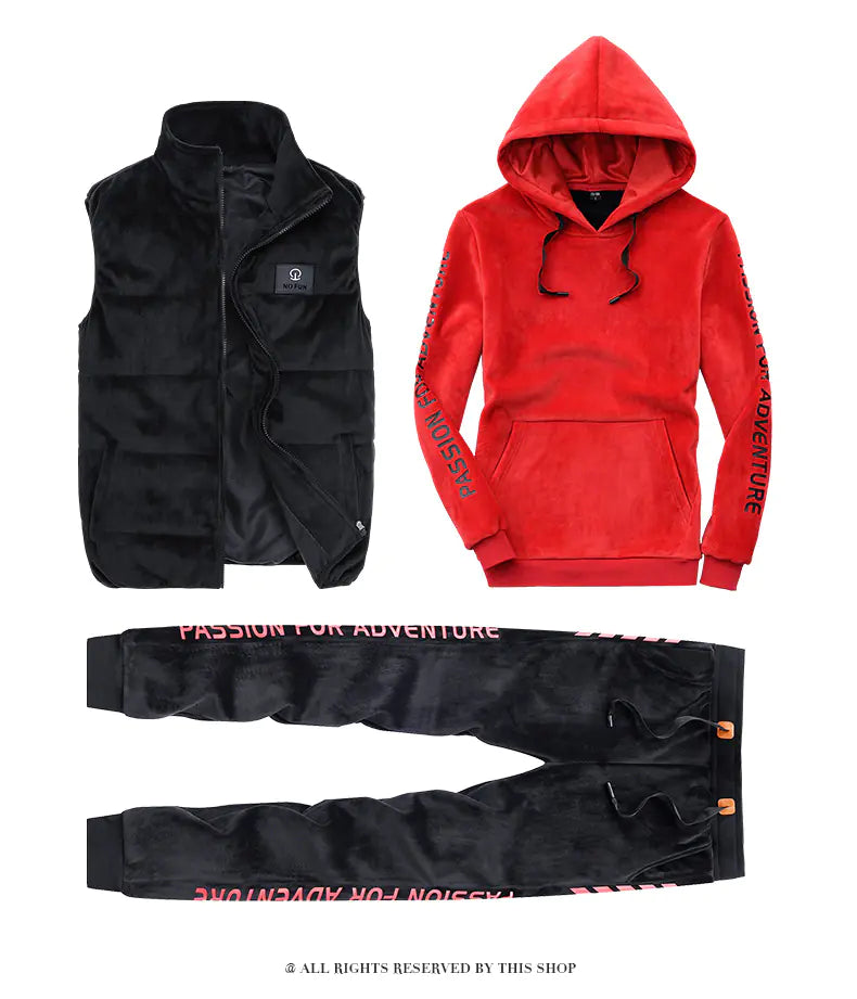Velvet 3-Piece Set for Men - Casual Hoodie & Pants