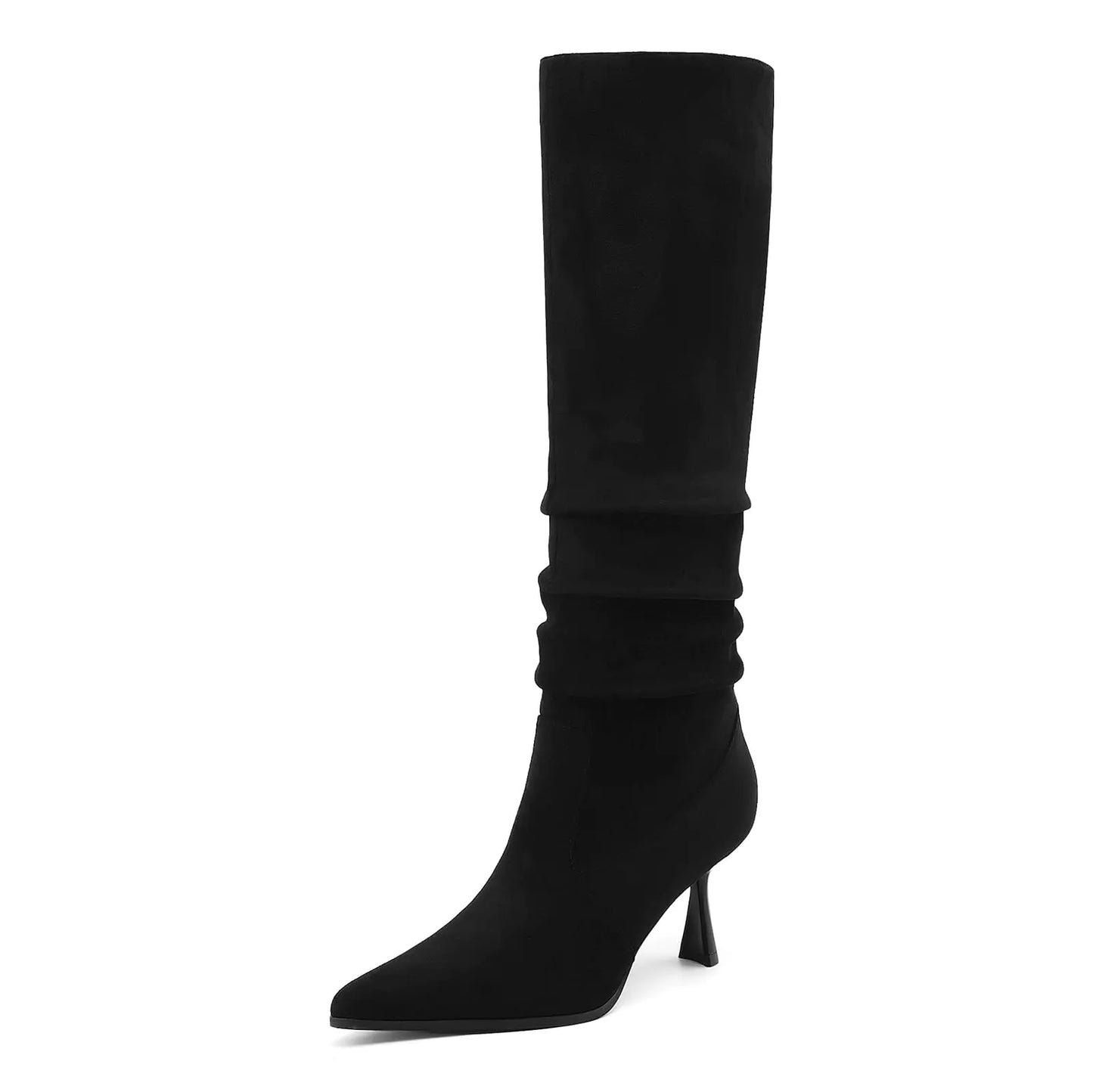 TEAIEUI Womens Knee High Boots Suede Slouchy High Heel Boots for Women Pointed Toe Tall Boots Comfort Pull on Long Boots Black 9