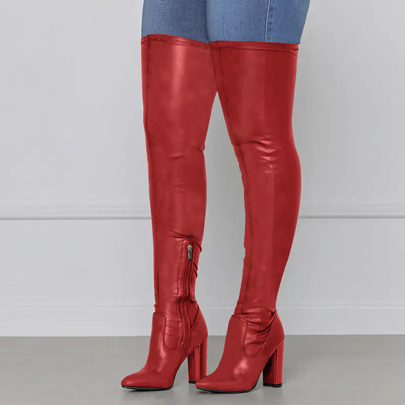 Pointed Side Zipper High Block Heel Knee Boots