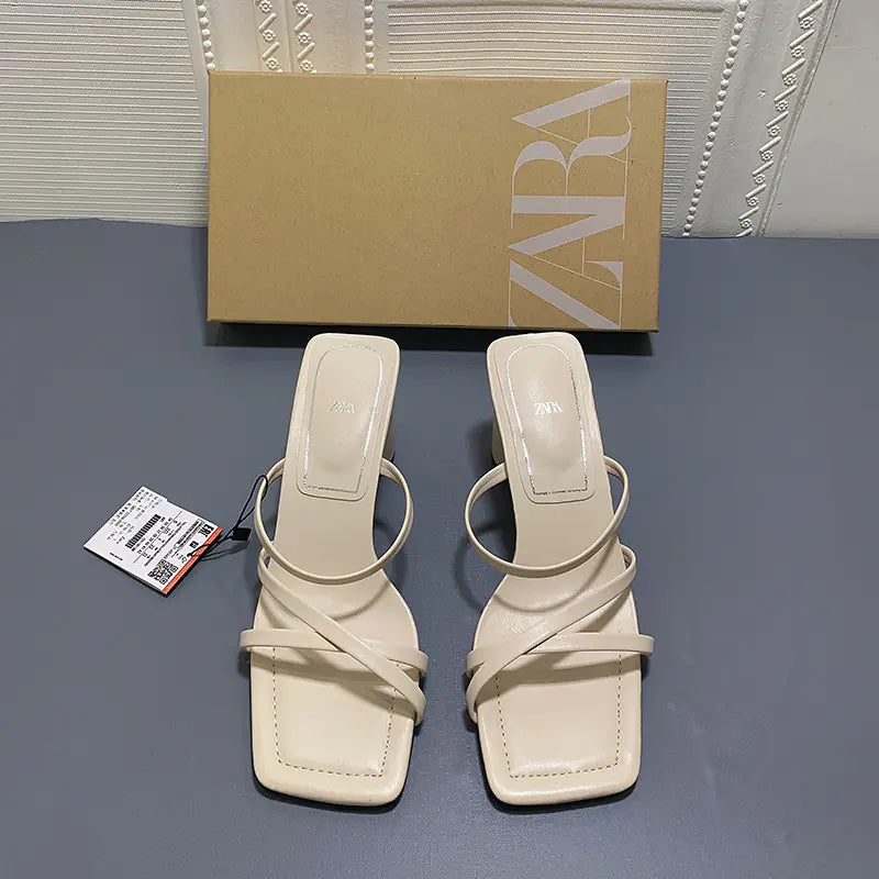 Square Toe High-Heeled Sheep Leather Sandals