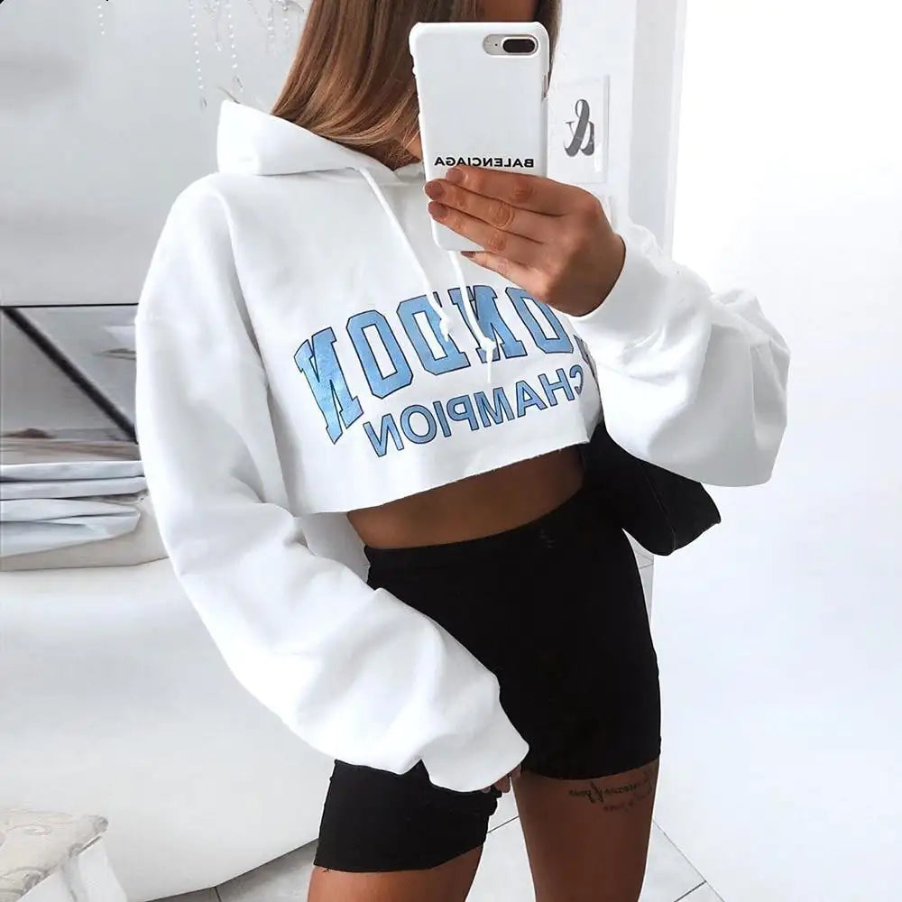Blue Letter Hooded Cropped Sweatshirt with Long Sleeves