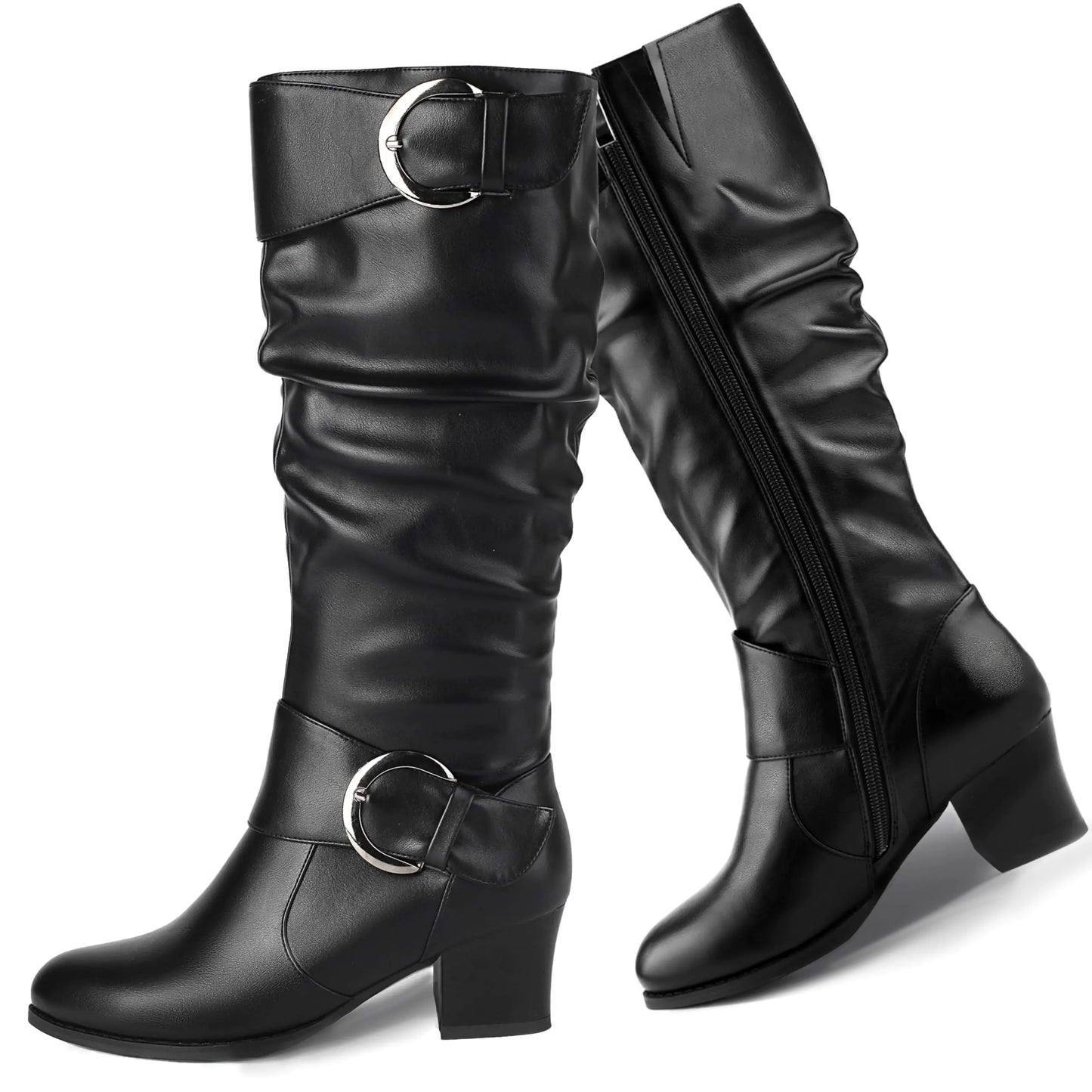 Pixoecuty Wide Calf Riding Boots Women Knee High Slouch Round Toe Buckle Victorian Tall Boots Chunky Block Mid Heel Knee-High Boots Side Zipper Black US 9.5