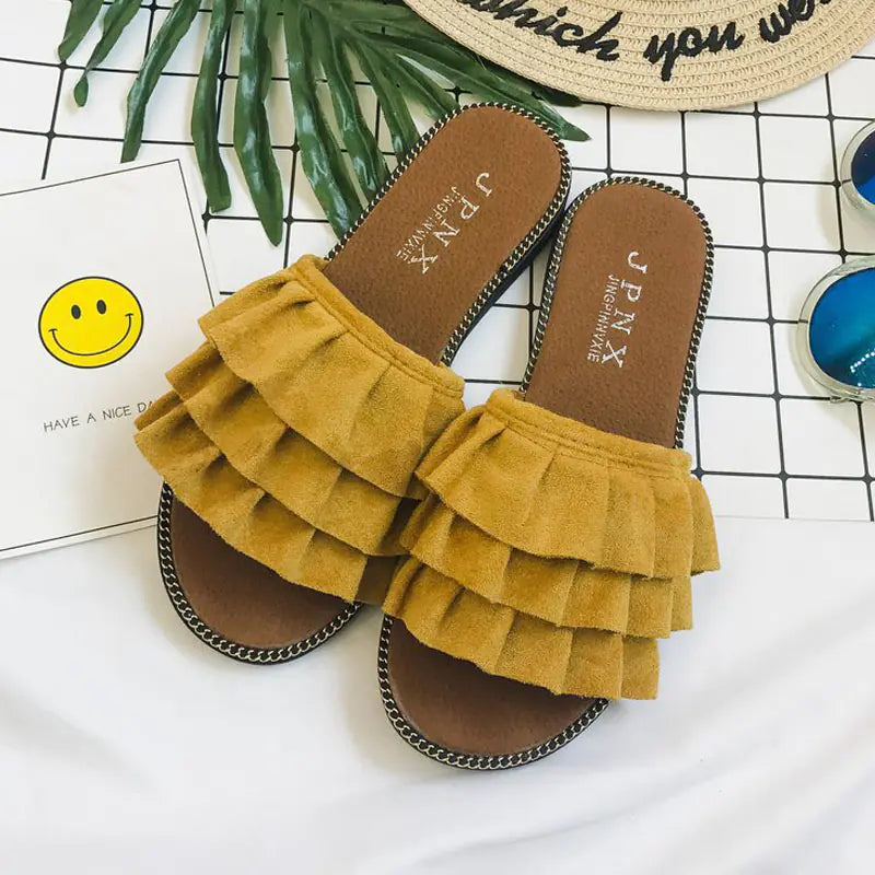 Fashion Women's Ruffled Flat Slippers for Outdoors