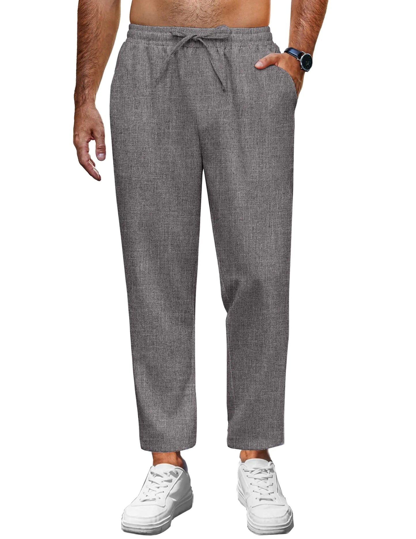COOFANDY Mens Casual Pants Lightweight Drawstring Beach Pants Elastic Waist Linen Cropped Pants Dark Grey