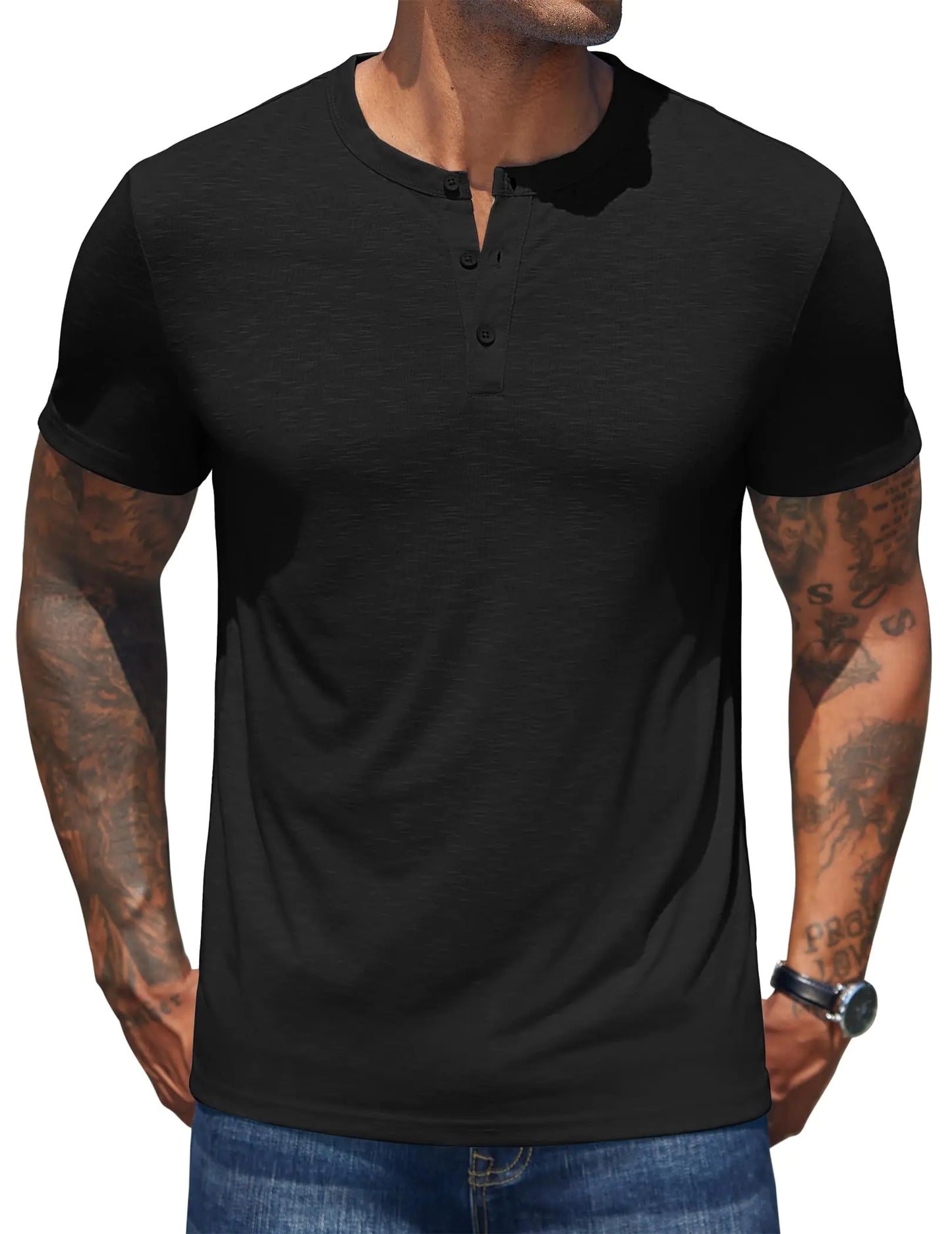 COOFANDY Mens Henley Shirts Short Sleeve Casual Basic Henley Tee Summer Button Lightweight Stretch T Shirts Black