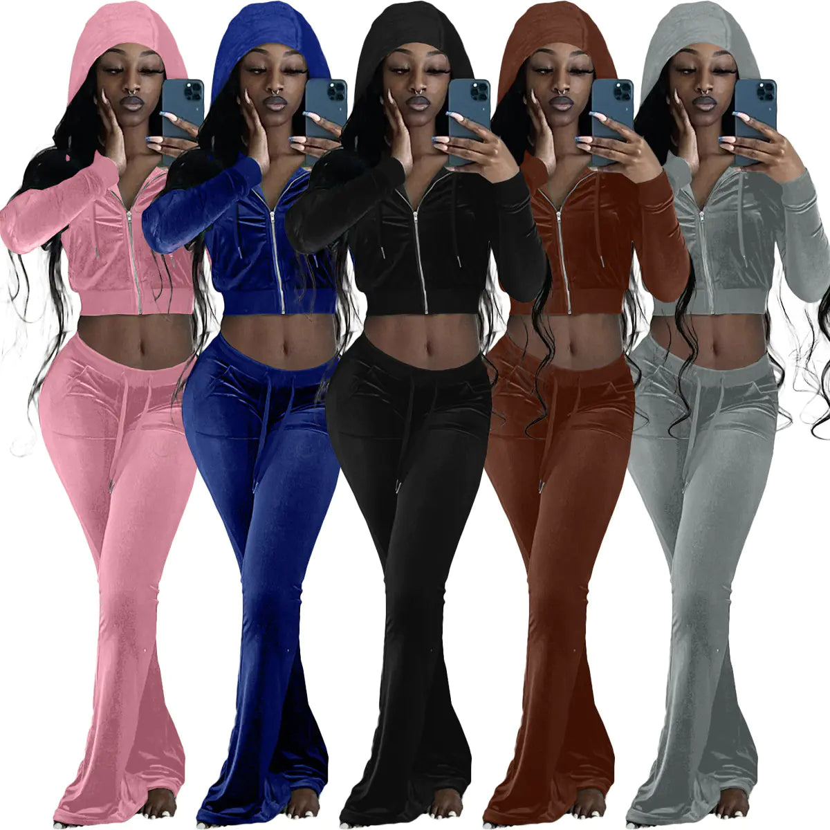 F172 Women's Velvet Hooded Tracksuit Set for Fall/Winter