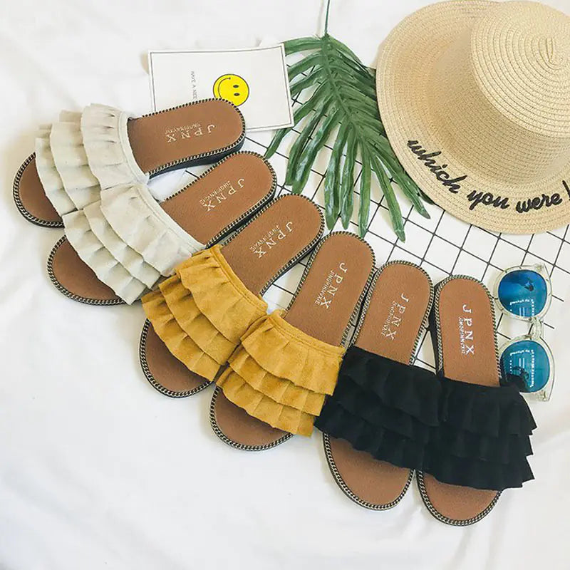 Fashion Women's Ruffled Flat Slippers for Outdoors