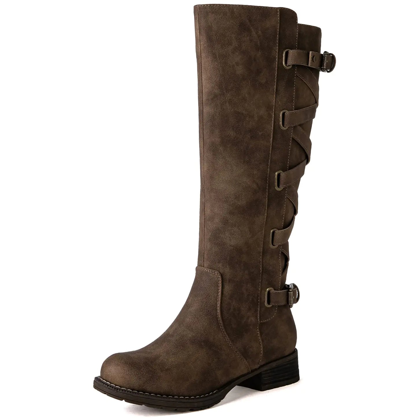 GLOBALWIN Womens Camel Knee High Motorcylce Boots Strappy Boots For Women 8.5M