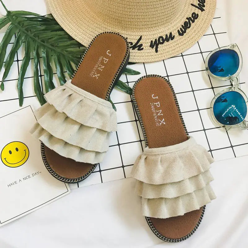 Fashion Women's Ruffled Flat Slippers for Outdoors