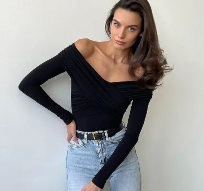 V-Neck Off-Shoulder Slim-Fit Top