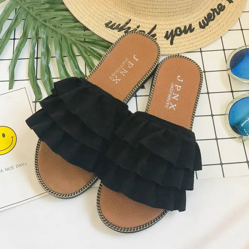 Fashion Women's Ruffled Flat Slippers for Outdoors