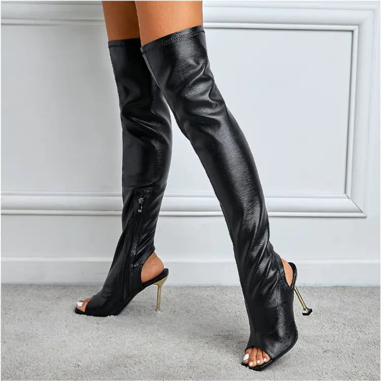 Women's Square Toe Cutout Over Knee Side Zip Boots