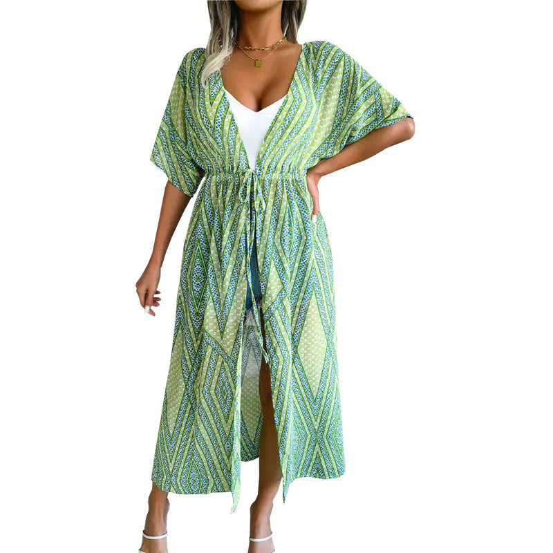 Women's Casual Printed Chiffon Cardigan with Lace-up
