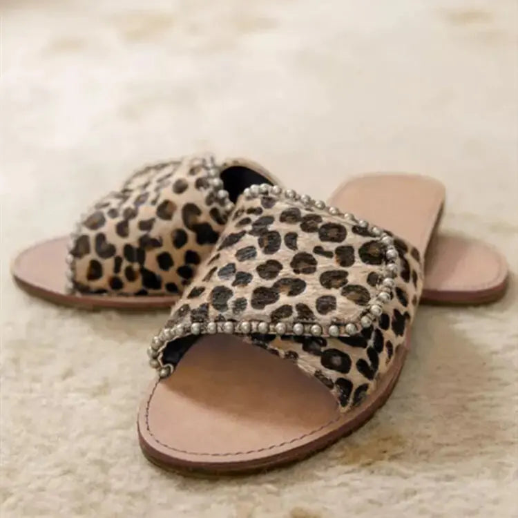 Leopard Print Studded Flat Sandals for Plus Size