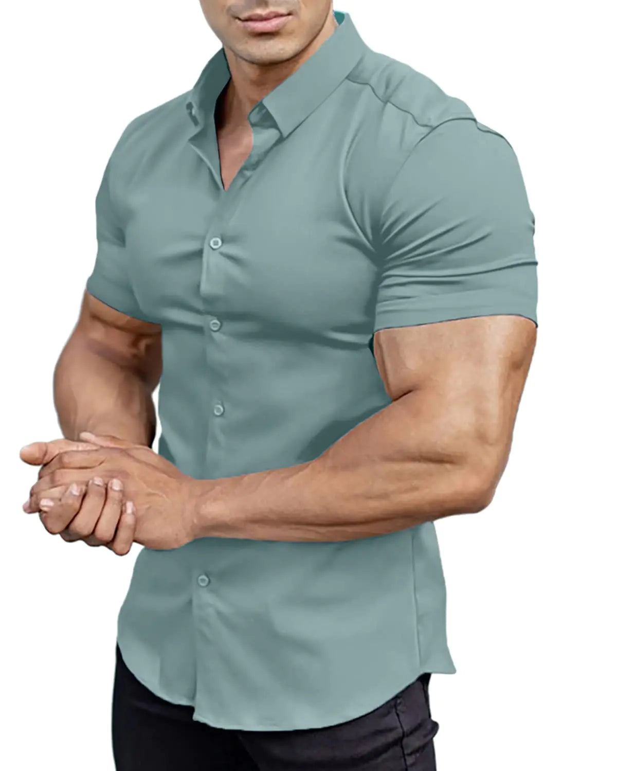 Casual Mens Muscle Fit Dress Shirts Short Sleeve Athletic Fit Button Down Shirts Light Green L
