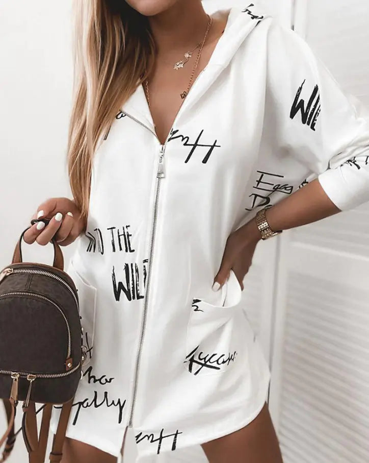 Women's Letter Print Zipper Windbreaker Hoodie Jacket