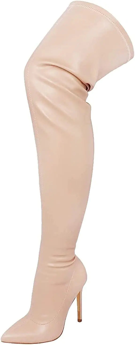 Liliana DB54 Women Suede Pointy Toe Thigh High Single Sole Stiletto Boot Nude 9