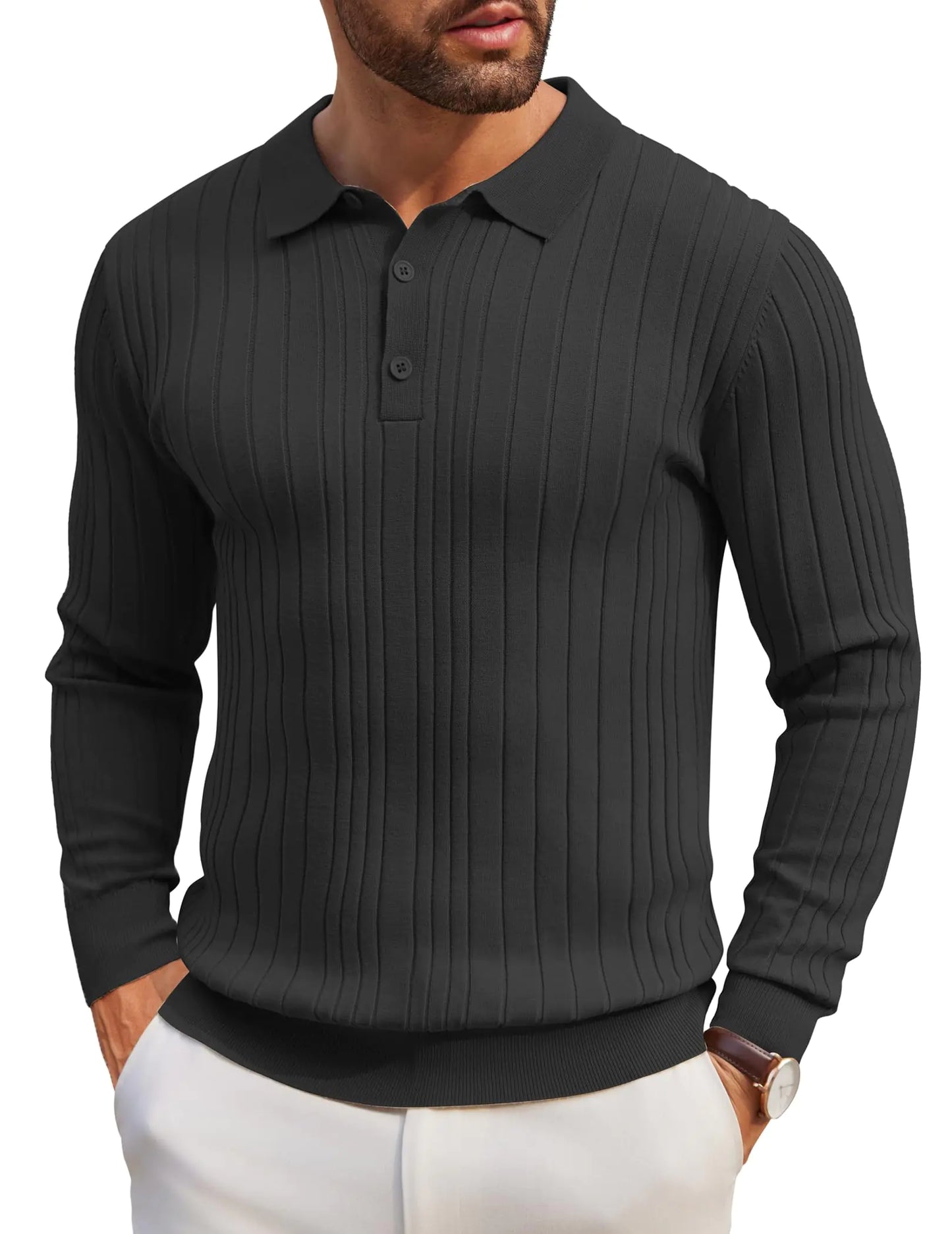 COOFANDY Mens Knit Polo Shirts Long Sleeve Casual Button Down Ribbed Polo Shirt Fashion Golf Shirts Black