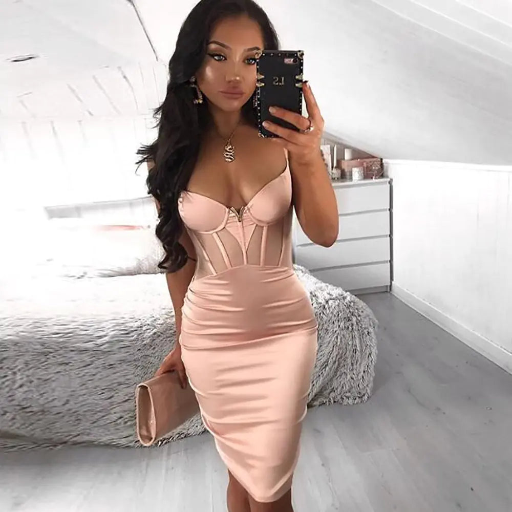Spliced Mesh Strap Dress, Bodycon Cami Dress