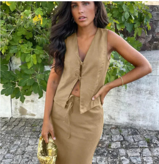 Sleeveless Lace-Up Vest & Pants Women's Suit