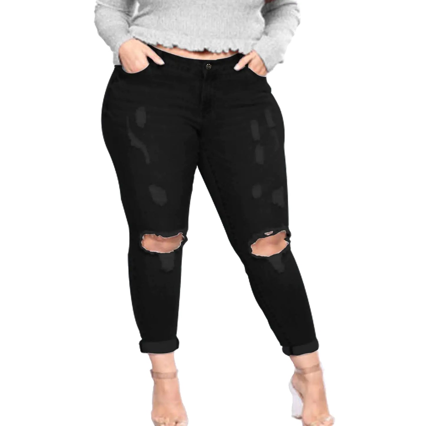 Tulucky Womens Plus Size Boyfriend Jeans Distressed Ripped Denim Pants Comfy Stretch Skinny Jeans(Black14W)