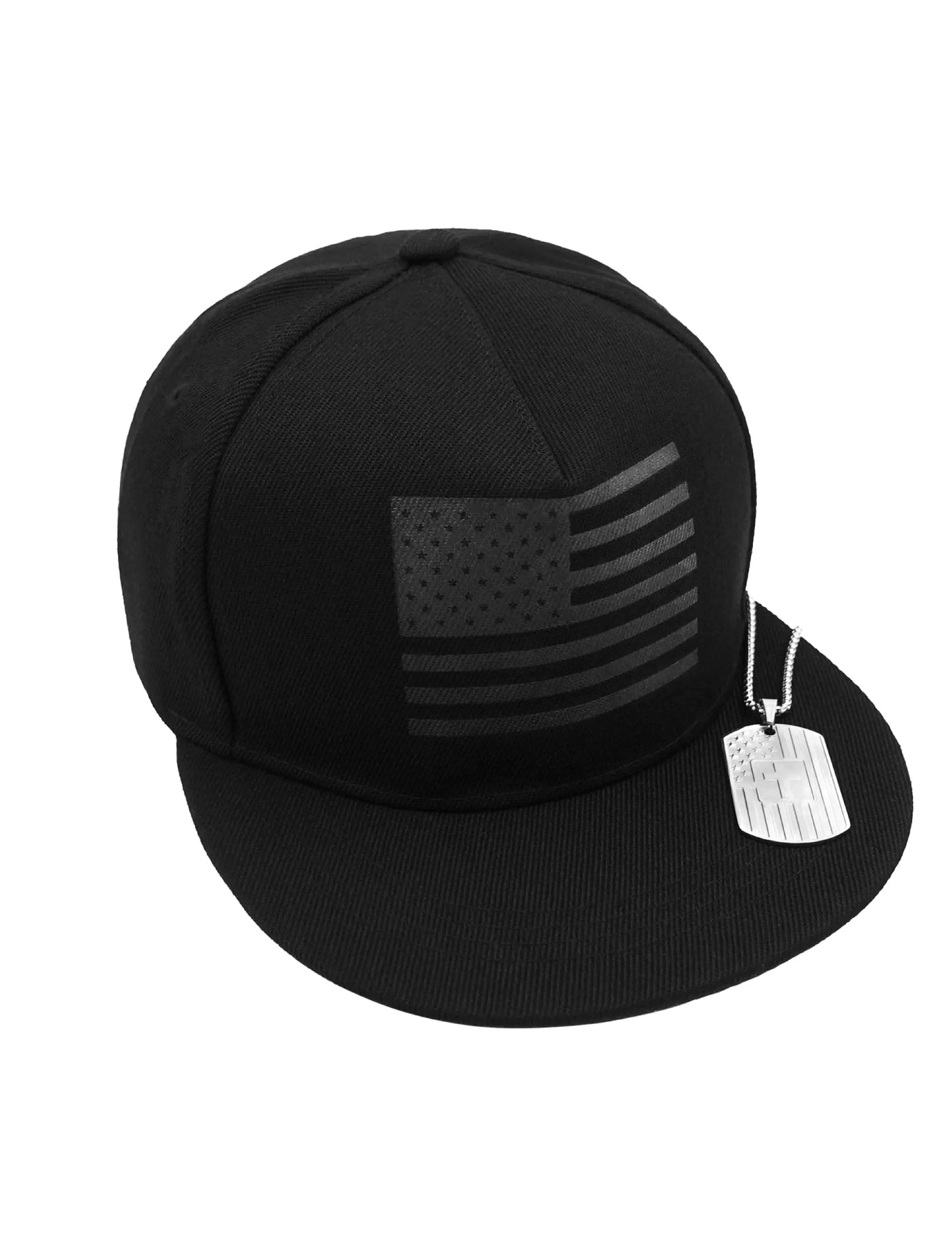 CAIIST Black American Flag Hat for Men&Women Flat&Wide Brim Fitted Hats for Men Structured Front Panel Snapback Hats for Men Cool Shape Mens Hats(Silver Necklace)