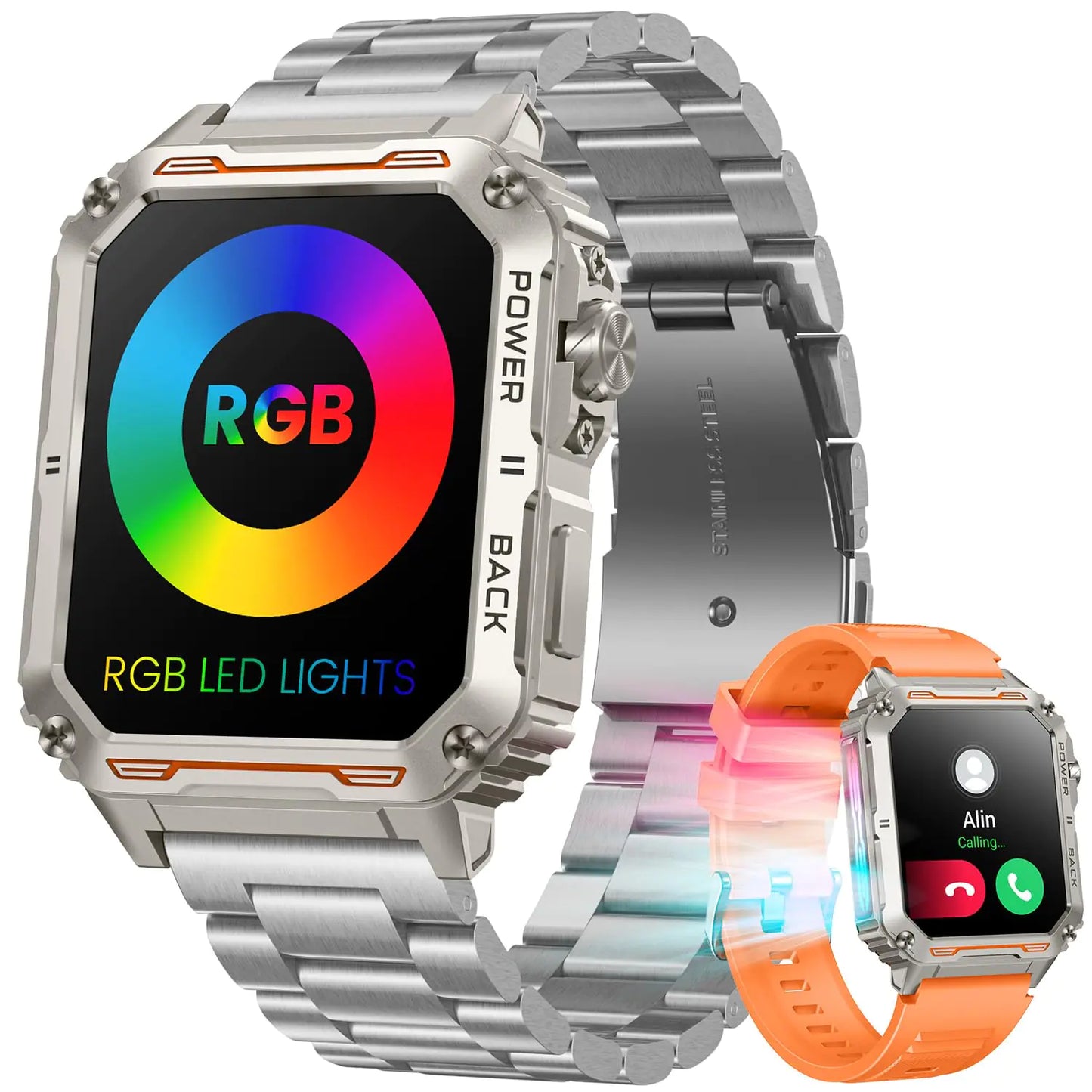 Smartwatch for Men Fitness Tracker Watch: 1.91" Touchscreen Smart Watch with RGB LED Lights Answer/Make Call Pedometer Heart Rate Blood Pressure Monitor Activity Tracker Waterproof for Android iOS
