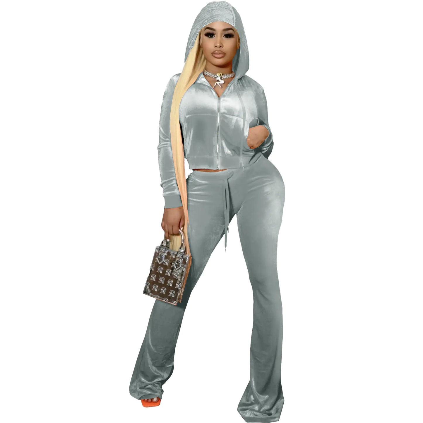 F172 Women's Velvet Hooded Tracksuit Set for Fall/Winter