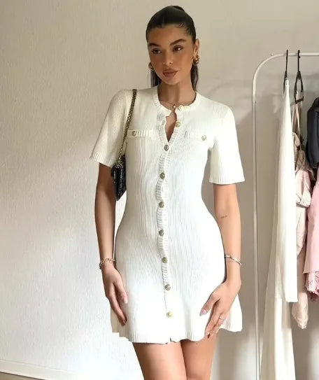 Knitted Short Sleeve Button Wool Dress