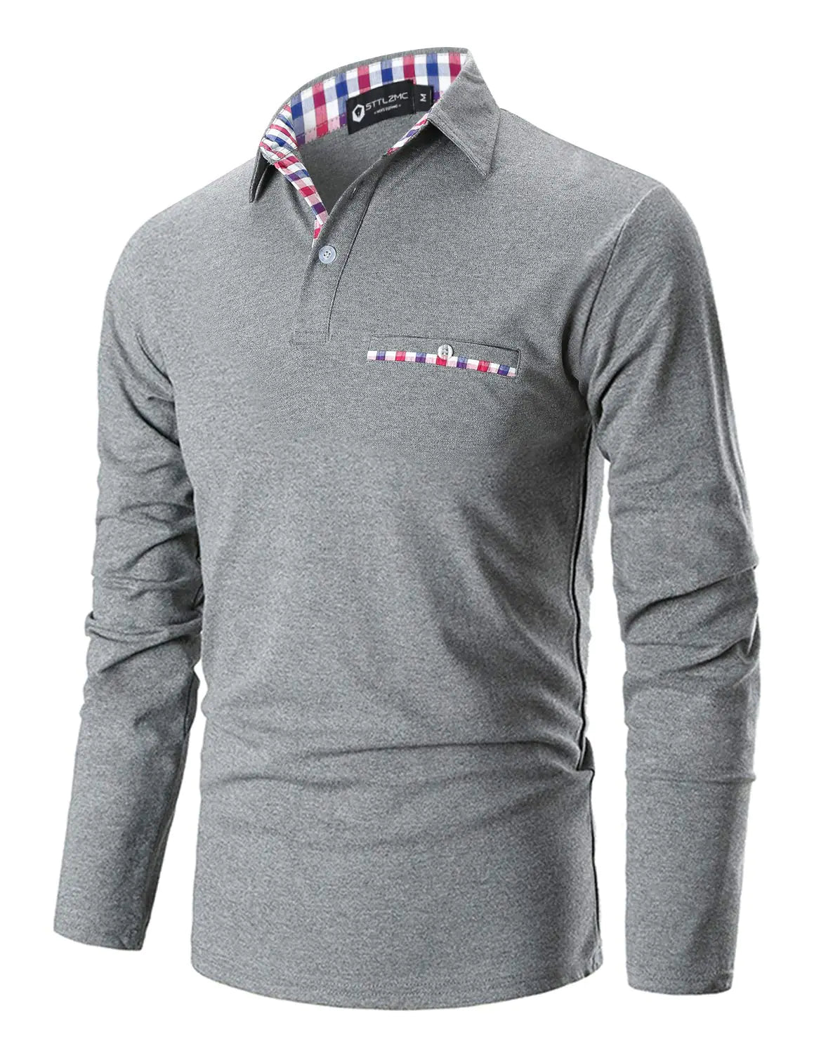 STTLZMC Polo Shirts for Men Long Sleeve Casual Fit Plaid Collar T-ShirtsGreyLarge