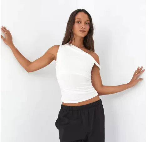 Summer New Solid Color Asymmetrical Ruffled Top for Women