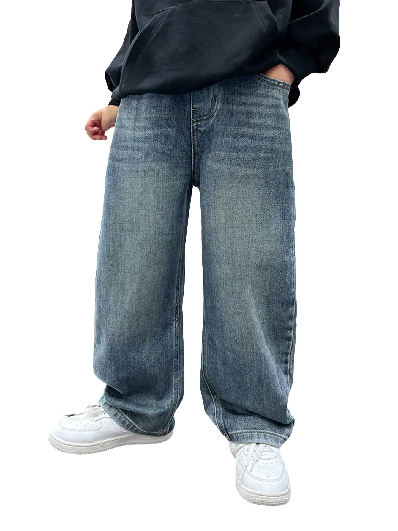Verdusa Boys Baggy Jeans Casual Straight Leg Jeans Loose Denim Pants with Pockets Blue 12Y