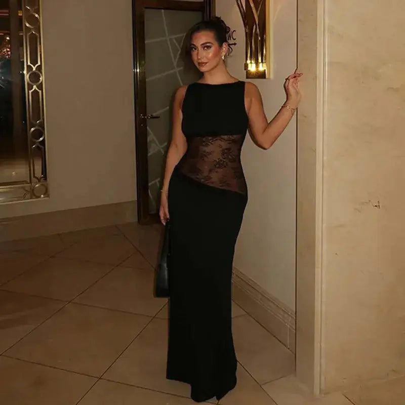 Hollow Lace Sleeveless Backless See-Through Dress