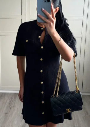 Knitted Short Sleeve Button Wool Dress