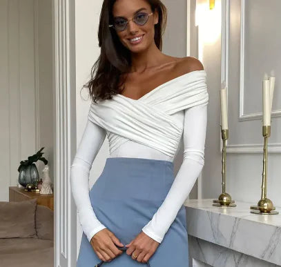 V-Neck Off-Shoulder Slim-Fit Top