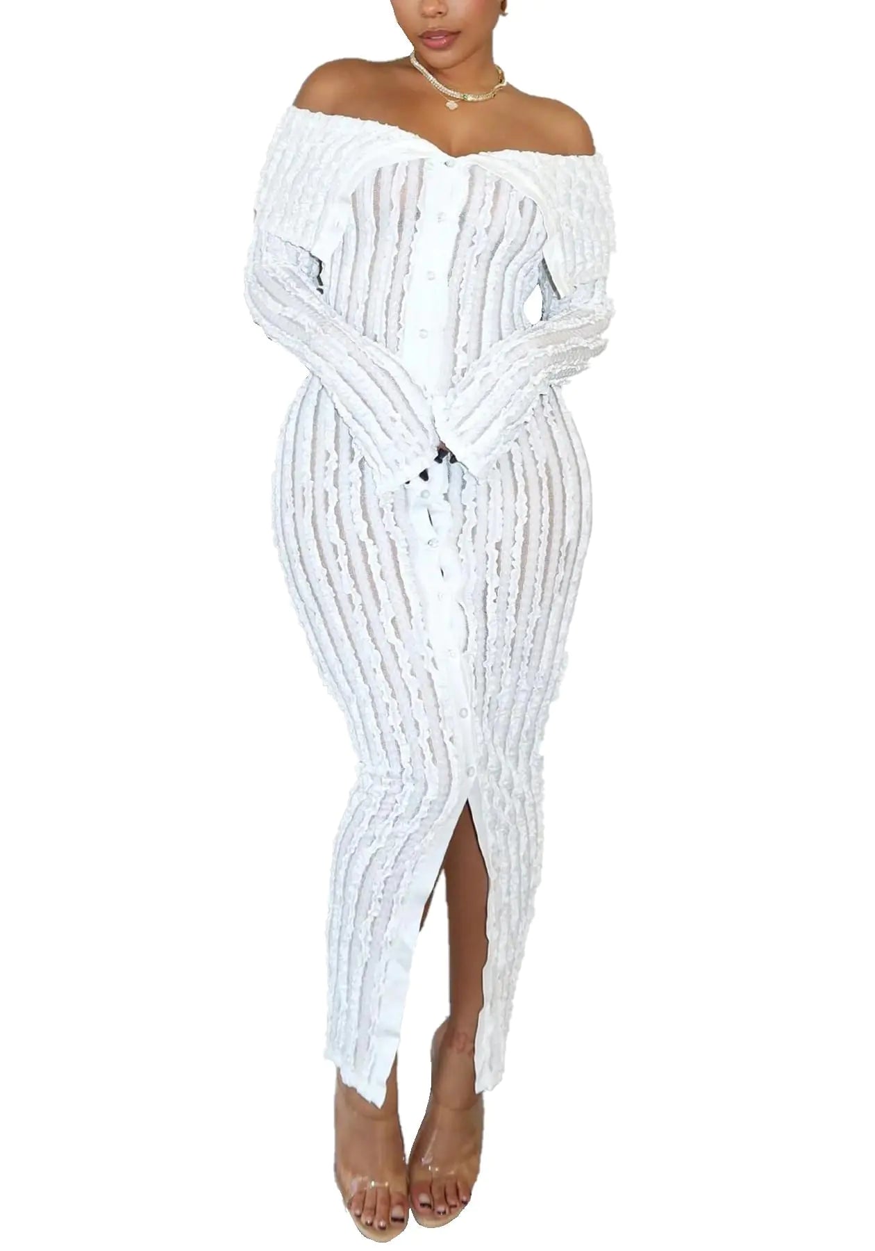 Lyaheima Women Sexy Club Bodycon Dress Long Sleeve Off Shoulder Maxi Dress Pleated See Through Long Dresses