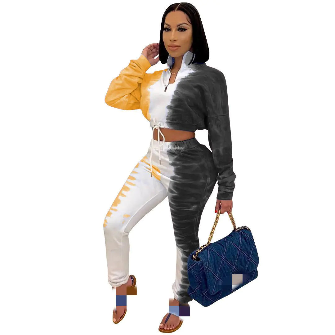 Casual Printed Stretch Sweatshirt and Waist Sports Set