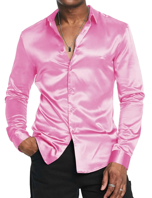 Csqopt Satin Shirt for Men Long Sleeves Silk Button Down Shirts Luxury Dress Shirts（PinkXX-Large