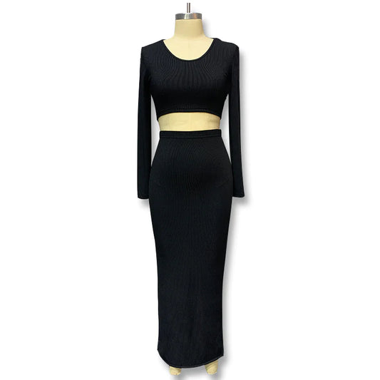 Elegant 2-Piece Women’s Dress Set – Long Sleeve & Slit Skirt