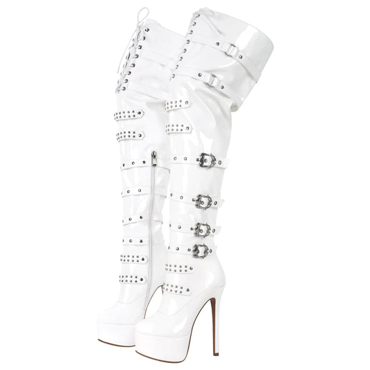 richealnini Womens Platform Heel Thigh High Boots Zip Up Over the Knee High Boots Front Lace Up Stiletto Heel Buckles Chains Rivets Ornamented Punk Motorcycle Club Outside Combat Boots White Size 7