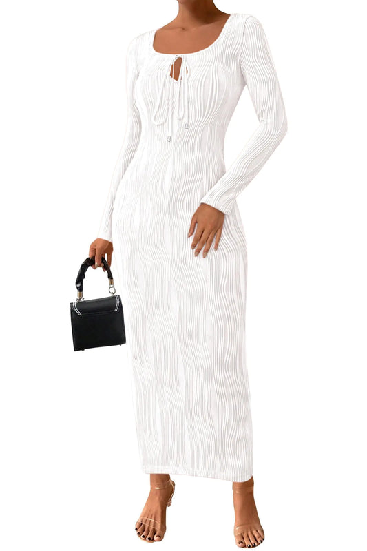 PRETTYGARDEN Cocktail Dresses for Women 2024 Fall Long Sleeve Tie Front Cut Out Bodycon Sexy Club Party Maxi Dress (WhiteX-Large)
