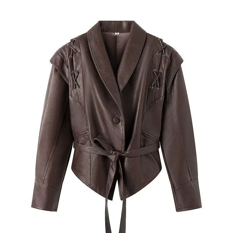 Women's Retro Leather Belted Coat