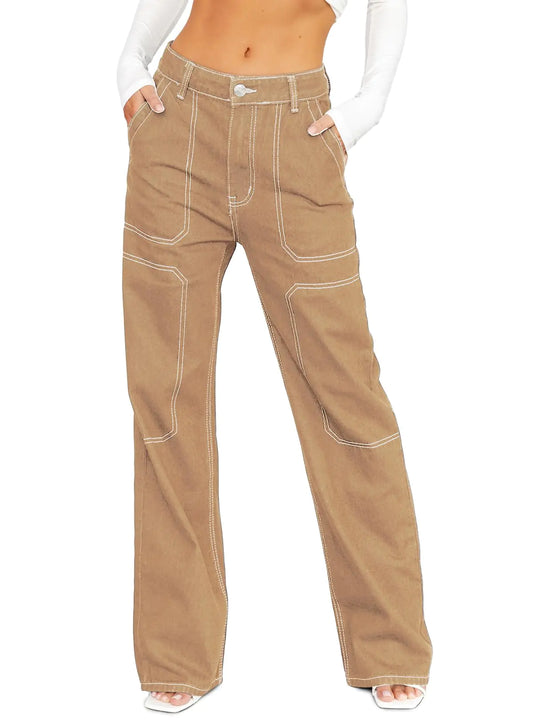 Sidefeel Womens Cargo Jeans High Waisted Jeans Stretch Wide Leg Denim Pants Size 8 Khaki