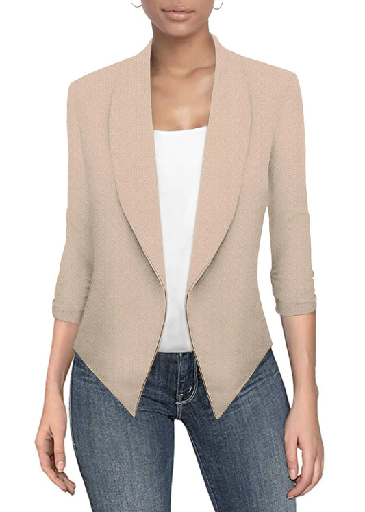 Hybrid & Company Lightweight Open Front Cardigan Classic Ruched Sleeve Work Office Blazer Suit Jackets JK1133 Stone XLarge