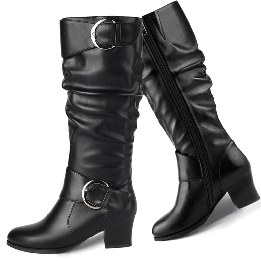 Pixoecuty Wide Calf Riding Boots Women Knee High Slouch Round Toe Buckle Victorian Tall Boots Chunky Block Mid Heel Knee-High Boots Side Zipper Black US 9.5