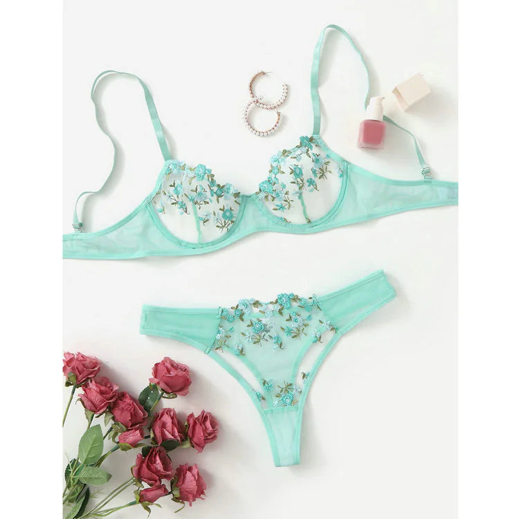 Low Waist Lace Flower Embroidery Bra Set