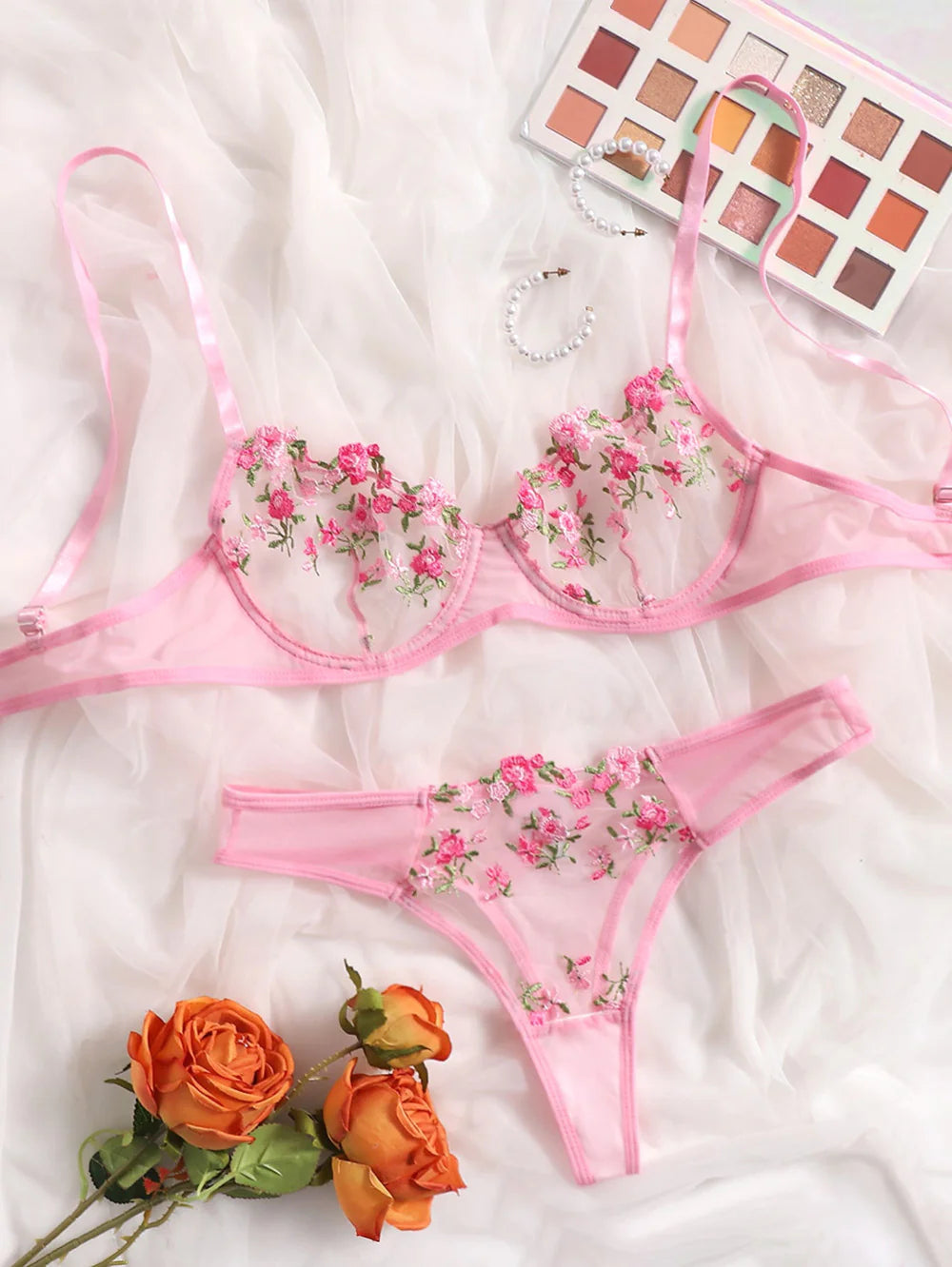 Low Waist Lace Flower Embroidery Bra Set